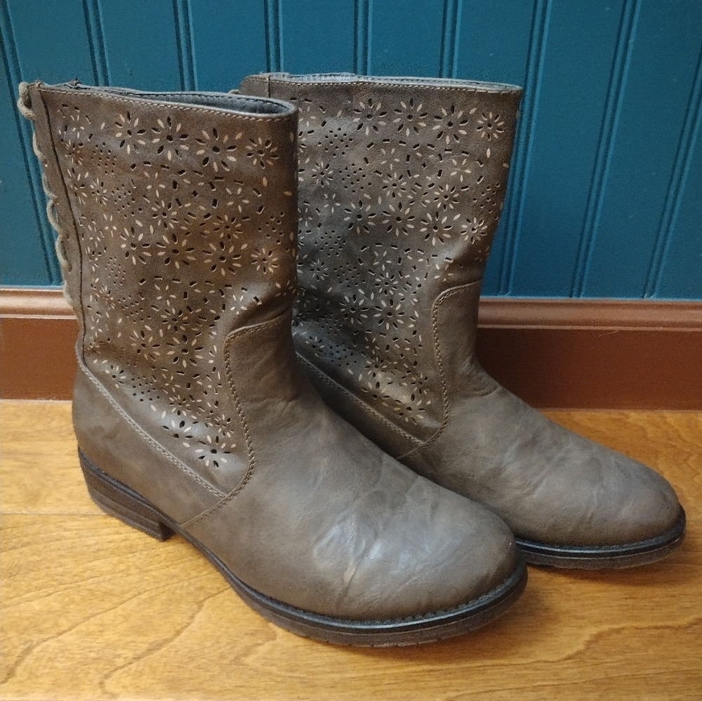 Patrizia by Spring Step Floral Design Laser Cut Eyelet Brown Leather Ankle Boots